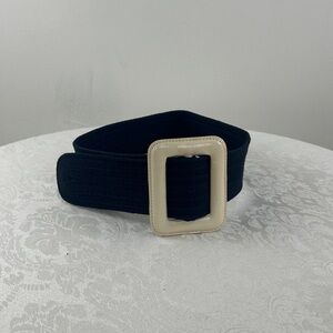 Vintage Navy Woven Belt with Cream Faux Leather Buckle